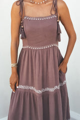Embroidered Tiered Maxi Sun Dress - Mocha