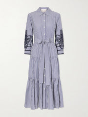 Belted tiered embroidered striped cotton-poplin midi dress