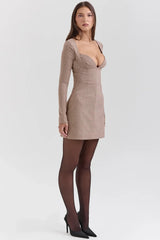 Angelie-Brown Puppytooth Check Plunge Mini Dress - SALE