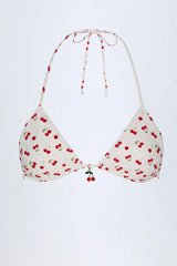 Charm-Detail Triangle Bikini Top in Cherry Print