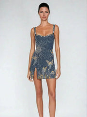 Shimmering Starry Mini Dress – Sparkle Detail. Sleeveless. Slit Detail