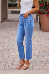 High Rise Frayed Straight Leg Jeans - Medium Wash