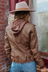 Hooded Sweatshirt Vegan Leather Camel Jacket
