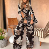 Amber™ | Printed V-Neck Top & Long Pants Set