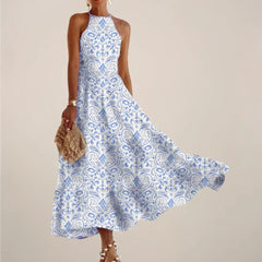 Women's Printed Halter Neck Maxi Dress – A-Line Flowy Summer Dress