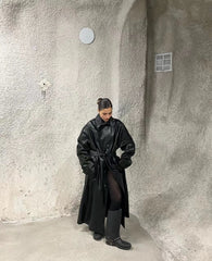 424 Men's Autumn and Winter Leather Belted Single Breasted Pants Long Sleeve Coat Jacket #99317
