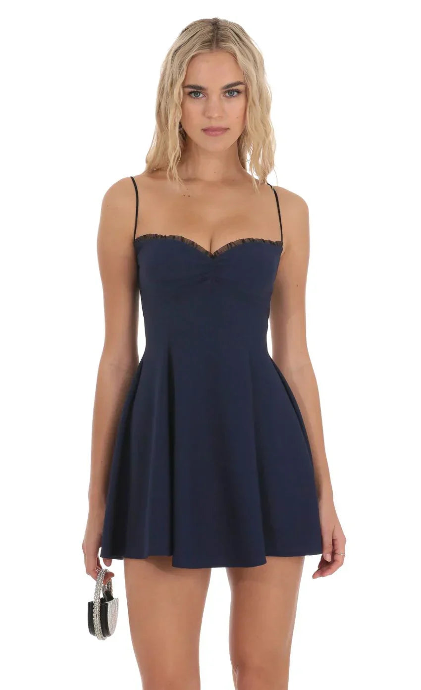 Back Lace A-Line Dress in Navy