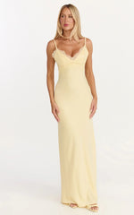 Kyra Maxi Dress - Lace Bust And Tie Back Satin Dress in Lemon