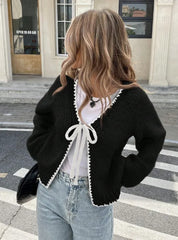 Women's Tie-Front Cardigan – Cropped Knit Layer with Contrast Trim