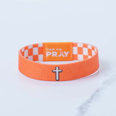 Tap To Pray Wristband in Orange and White Checker