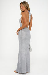 Disco Shimmer Halter Maxi Dress Silver