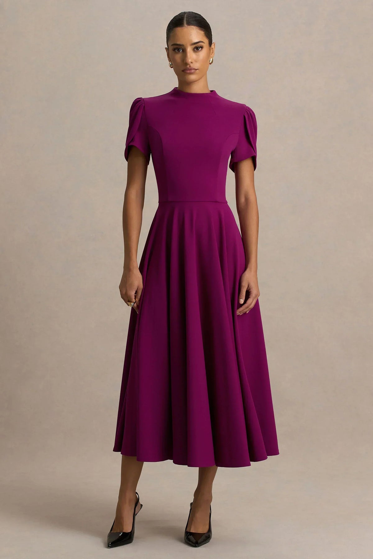 Vicky | Mulberry High Neck Midi Dress With Puff Sleeves