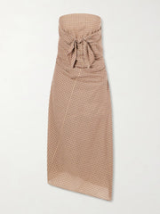 Sleeveless knot-detailed draped checked cotton midi dress