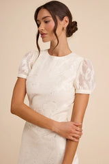 Bridget Ivory Floral Jacquard Puff Sleeve Midi Dress