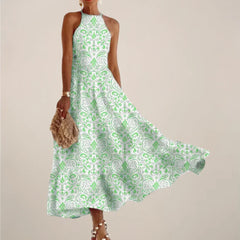 Women's Printed Halter Neck Maxi Dress – A-Line Flowy Summer Dress