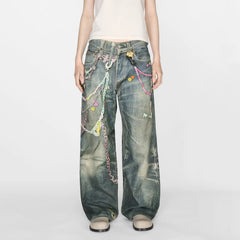 Acne Studios Men's Women's Four Seasons Chain Printed Loose Low Waist Solid Color Baggy Fit  Leg Denim Pants Ngvp #1386