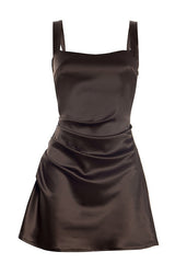 Brown Satin Square A-line Mini Dress