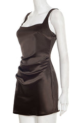 Brown Satin Square A-line Mini Dress