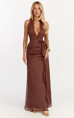 Eleonor Maxi Dress - Plunge Halter Tiered Ruffle Front Split Dress in Chocolate