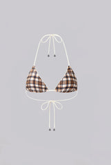 Brown Checked In Triangle Bikini Top