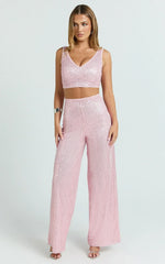 Abela Two Piece Set - Crop Top and Wide Leg Pants Set in Pink Sequin