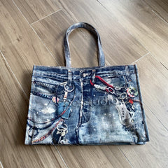 Acne Studios Women's Fashion Retro Color-Block Logo Denim Patchwork Print Tote Bag Shoulder Bag Bags #78793