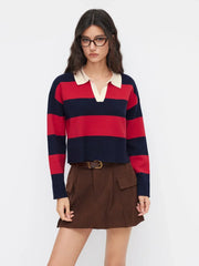 Knit Stripe Polo Collar V-neck Long Sleeve Oversized Top
