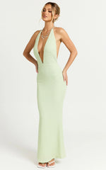 Ada Maxi Dress - Halter Plunge Textured Jersey Open Back Dress in Green