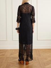 Tie-detailed ruffled lace midi dress