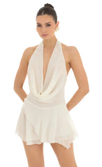 Draped Plunge Neck Dress in White