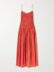 Gathered polka-dot organic cotton and silk-blend midi dress