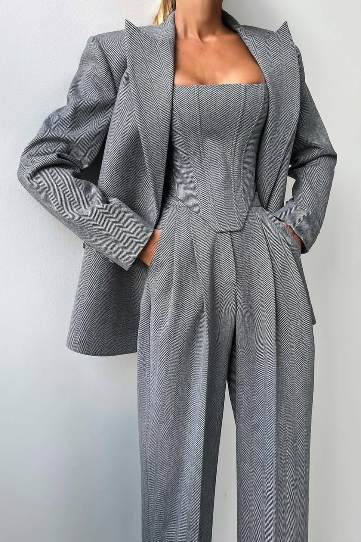 Women's Three-Piece Trouser Suit – Double-Breasted Blazer. Corset Top. Wide-Leg