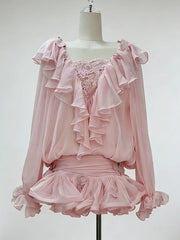 Ruffles Long Sleeve Mesh Mini Dress