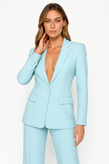 Ladies Plunging Trouser Suit Set – Single-Button Blazer. Straight-Leg