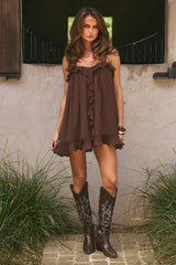 KRISTIA FLOUNCE RUFFLE MINI DRESS - BITTER CHOCOLATE
