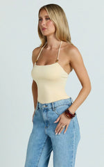 Abbey Top - Beaded Halter Neck Top in Pastel Yellow