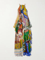 Mlak draped printed organza halterneck midi dress