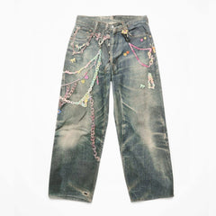 Acne Studios Men's Women's Four Seasons Chain Printed Loose Low Waist Solid Color Baggy Fit  Leg Denim Pants Ngvp #1386