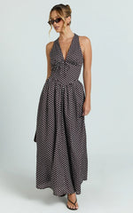 Abby Midi Dress - Sleeveless V-Neckline Dress in Chocolate Polkadot