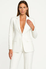 Ladies Plunging Trouser Suit Set – Single-Button Blazer. Straight-Leg
