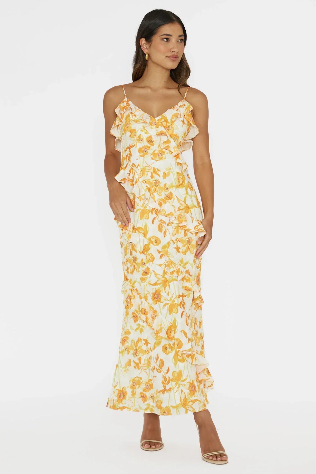 Silvana Frill Trim Midi Dress Floral Orange