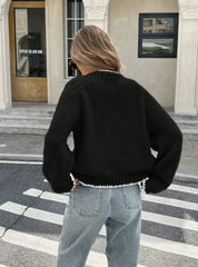 Women's Tie-Front Cardigan – Cropped Knit Layer with Contrast Trim