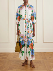 Bianca linen-blend  floral midi dress