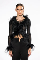 DARK ANGEL MESH FEATHER TRIM TOP