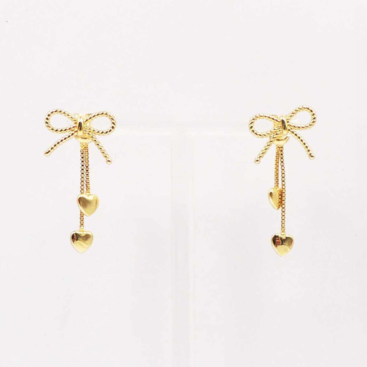 Gold Bow with Hearts Dangle Earrings