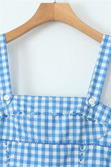 Blue and White Plaid Summer Dress with Pocket
