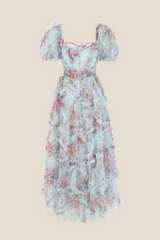 Bow Tie Purple Floral Print A-line Long Dress