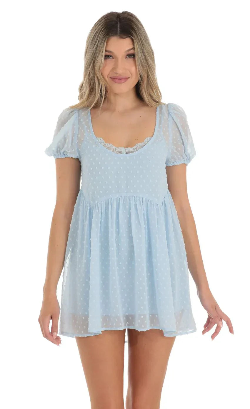 Dotted Lace Two Piece Dress Set in Blue
