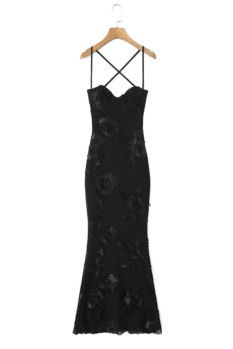 Black Embroidered Fitted Straps Dress