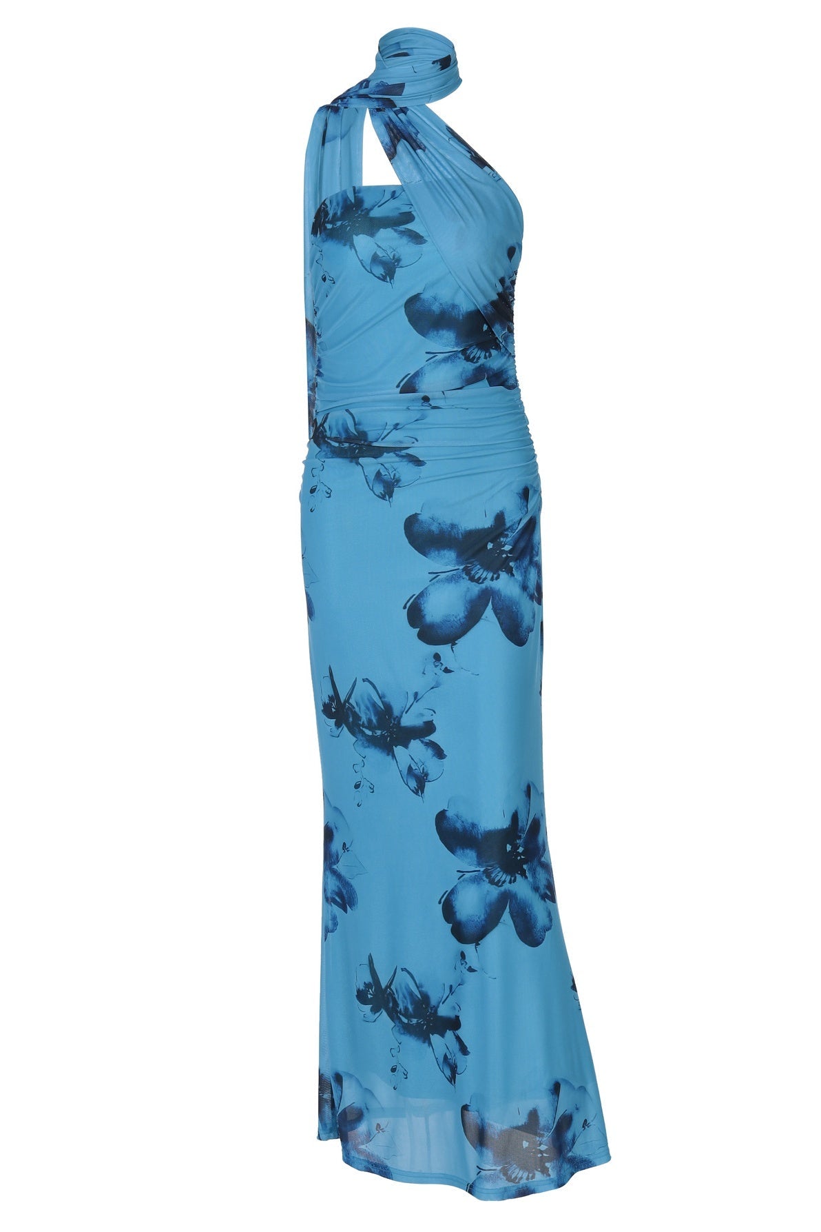 Blue Floral Halter Fitted Long Dress